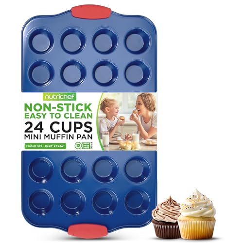NutriChef 17 Nonstick Mini Muffin Pan Premium Carbon Steel 24 Cup Baking Tray w Red Silicone Handles Easy to Clean Mini Cupcake Bakewear Dishwasher Safe Blue