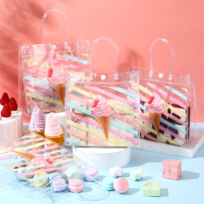 Aliceset 20 Pcs Ice Cream Party Favor Bags with Handles Clear Plastic PVC Summer Goody Bags Ice Cream Theme Birthday Party Baby Shower Supplies Sweet Candy Decorations 8x8x3.15 Inch - Image 3