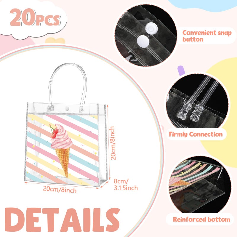 Aliceset 20 Pcs Ice Cream Party Favor Bags with Handles Clear Plastic PVC Summer Goody Bags Ice Cream Theme Birthday Party Baby Shower Supplies Sweet Candy Decorations 8x8x3.15 Inch - Image 2