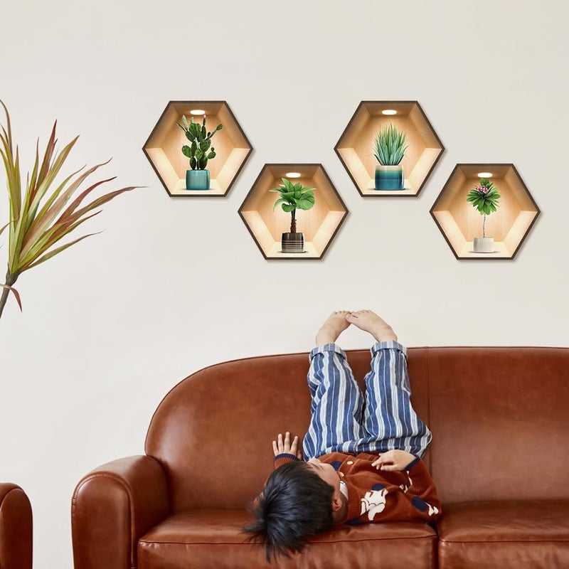iMagitek 4 Pack 3D Green Plant Wall Decals 3D Cactus Wall Stickers for Living Room Bedroom Kitchen Decor - Image 2