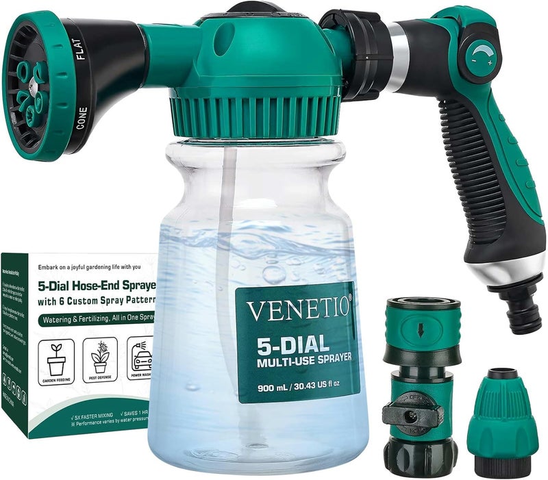 VENETIO مسدس رش 5-Dial Pro مع فوهة 6 أنماط ري وزجاجة قابلة لإعادة التعبئة سعة 30 أونصة، مرشة حديقة متعددة الاستخدامات ذات نهاية خرطوم للأسمدة السائلة ومبيدات الأعشاب والصابون والتنظيف الخارجي - Image 1