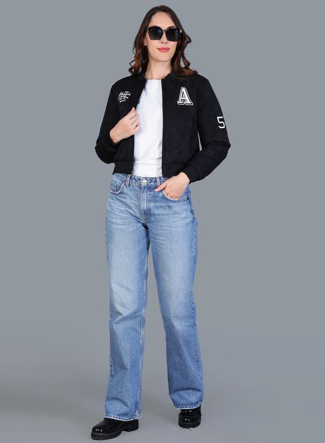 Fort Collins Women Black Crop Varsity Jacket - Image 2