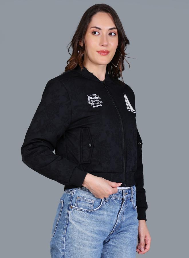 Fort Collins Women Black Crop Varsity Jacket - Image 3