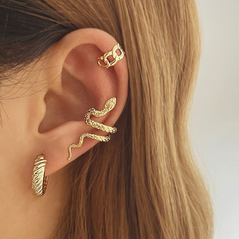 Reffeer Solid 925 Sterling Silver Snake Cuff Earrings Wraps for Women Teen Girls Snake Crawler Cuff Earrings No Piercing (B-18K Gold) - Image 2