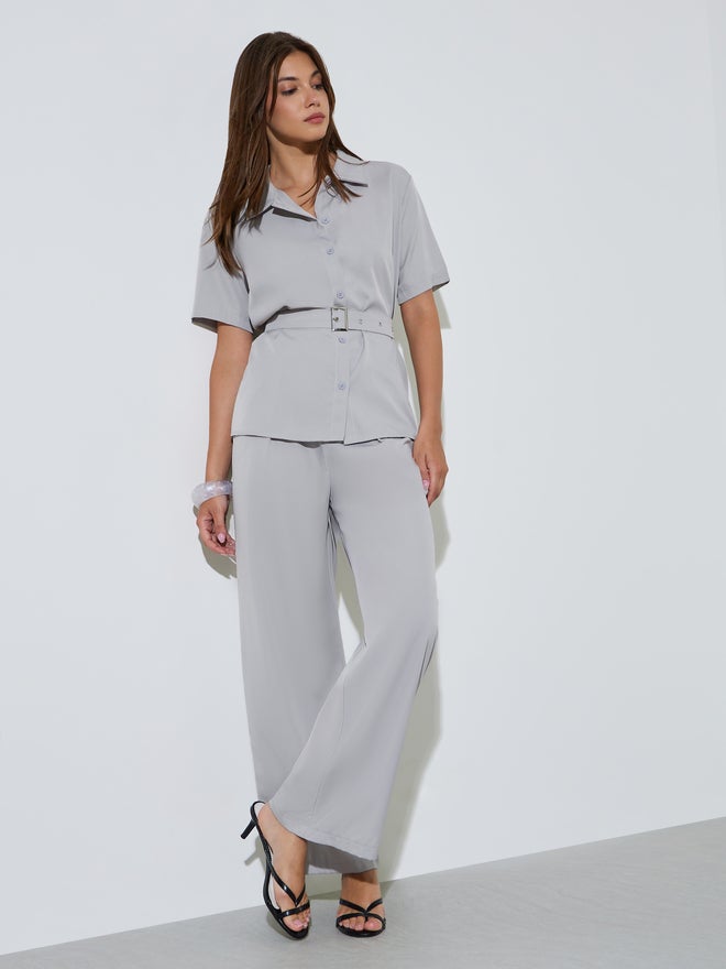 Styli Grey Relaxed Belted Shirt and Wide Leg Pants Set - Image 1