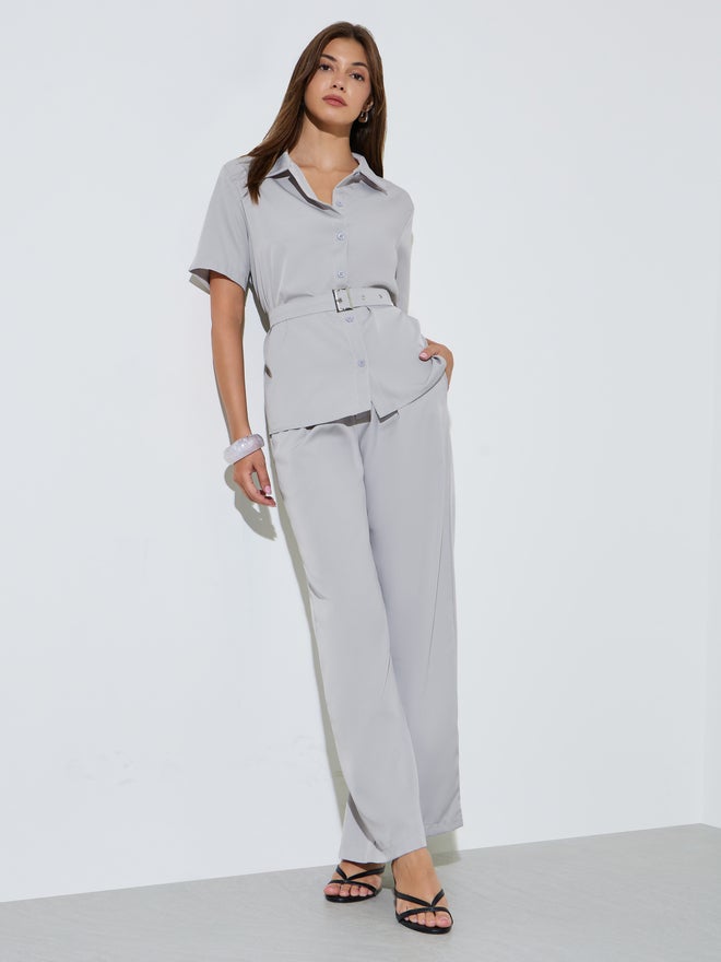 Styli Grey Relaxed Belted Shirt and Wide Leg Pants Set - Image 3