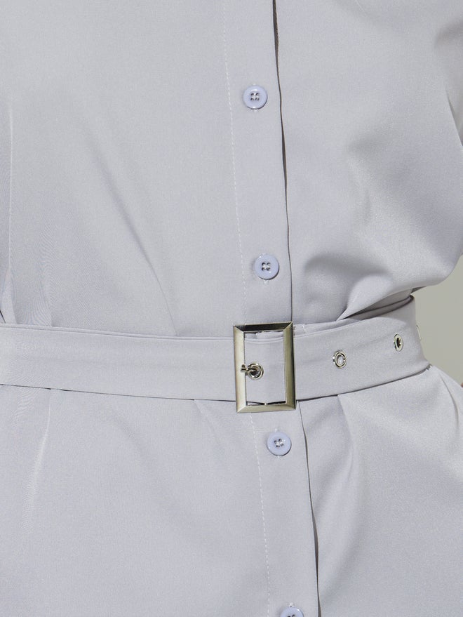 Styli Grey Relaxed Belted Shirt and Wide Leg Pants Set - Image 5