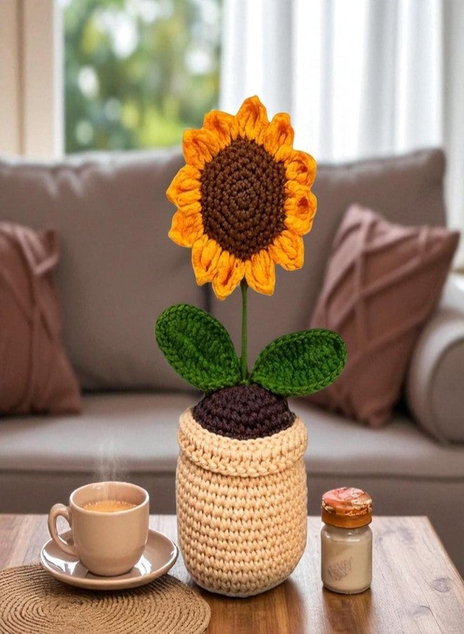 craftelio Handmade Crochet Sunflower Pot – Knitted Artificial Flower Plant for Home Décor, Office Desk, Living Room, Table Decoration & Gifting (Beige) - Image 1