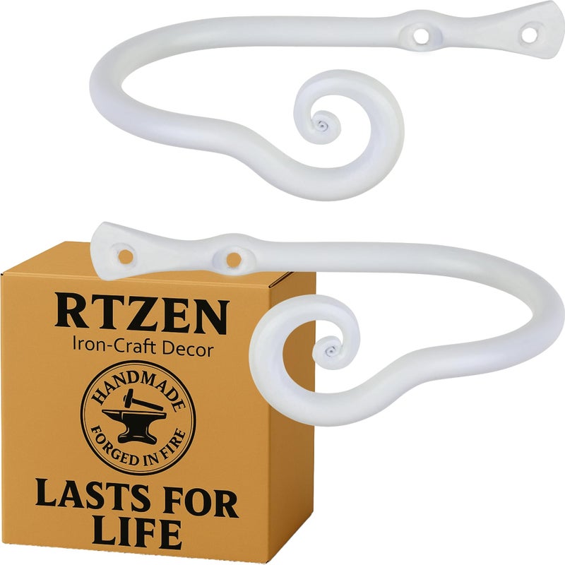 RTZEN Decorative Metal Curtain Tiebacks  Farmhouse Wrought Iron Curtain Holdbacks  Drapery Holders for Wall  Unique Metal Tie Backs for Curtains  2 Pcs White Classic