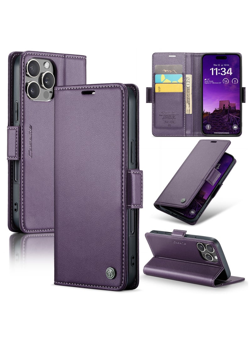 CaseMe Flip Wallet Case For iPhone 16 Pro RFID Blocking PU Leather Wallet Flip Folio Case with Card Holder Kickstand Shockproof Phone Cover - Purple - Image 1