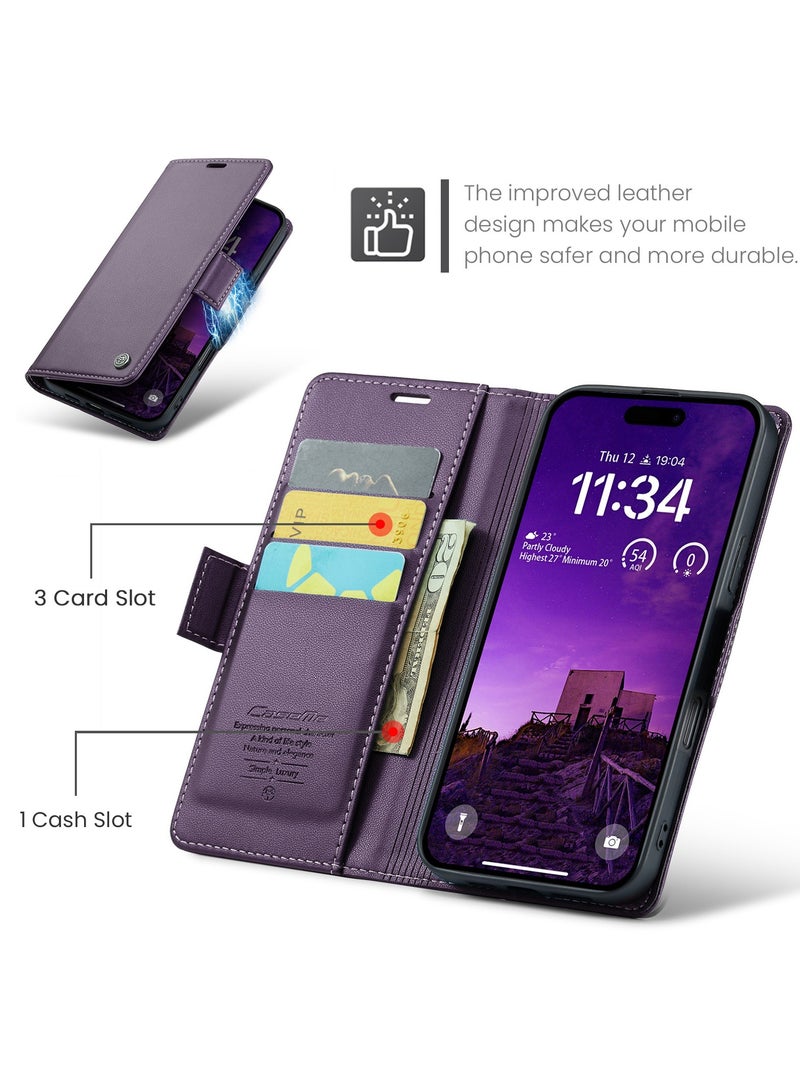CaseMe Flip Wallet Case For iPhone 16 Pro RFID Blocking PU Leather Wallet Flip Folio Case with Card Holder Kickstand Shockproof Phone Cover - Purple - Image 2