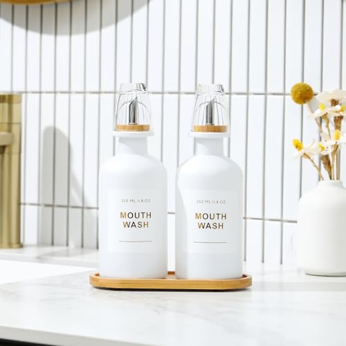 BONLONG 11.8OZ Mouthwash Dispenser for Bathroom with Bamboo & Stainless Steel Pour Spout, Mouthwash Cups Reusable, Bamboo Tray, and Elegant Gold Label. Set of 2（White - Image 3