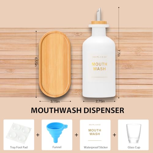 BONLONG 11.8OZ Mouthwash Dispenser for Bathroom with Bamboo & Stainless Steel Pour Spout, Mouthwash Cups Reusable, Bamboo Tray, and Elegant Gold Label. Set of 2（White - Image 4