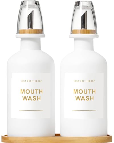 BONLONG 11.8OZ Mouthwash Dispenser for Bathroom with Bamboo & Stainless Steel Pour Spout, Mouthwash Cups Reusable, Bamboo Tray, and Elegant Gold Label. Set of 2（White - Image 1