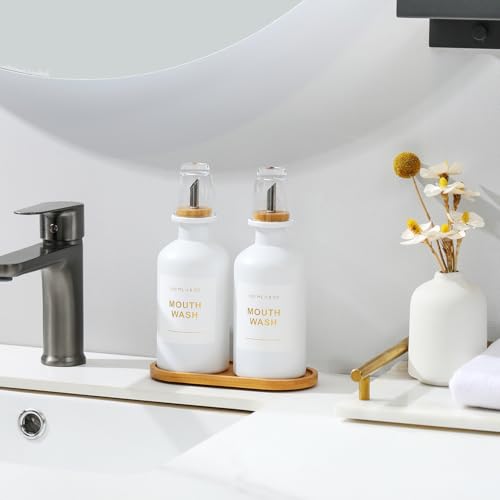 BONLONG 11.8OZ Mouthwash Dispenser for Bathroom with Bamboo & Stainless Steel Pour Spout, Mouthwash Cups Reusable, Bamboo Tray, and Elegant Gold Label. Set of 2（White - Image 2