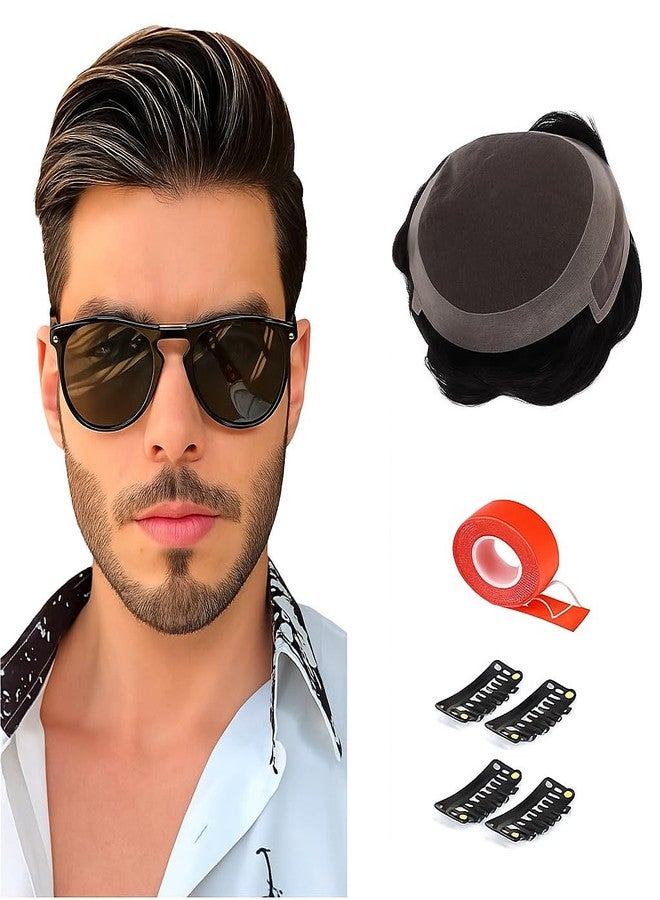 Glorious Hub® Lace Front Men’s Hair Patch | 100% Human Hair Wig with Natural Invisible Hairline | Comfortable Durable Toupee/Hair System | Attach with Tape, Clips or Glue | (Natural Black, 10x7) - Image 1