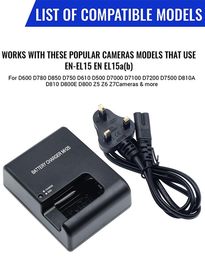 AZorb MH-25 Cameras Battery Charger for Nikon EN-EL15 EN-EL15a EN-EL15b D500 D600 D610 D750 D780 D800 D800E D810 D810A D850 D7000 D7100 D7200 D7500 Coolpix Z5 Z6 Z6 II Z6 III Z7 Z7 II Z1 Z8 V1 1V1 SLR - Image 2