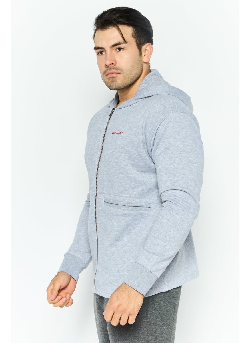 Night Addict Men Hooded Long Sleeve Embraided Logo Sweatshirt, Grey  - Image 4