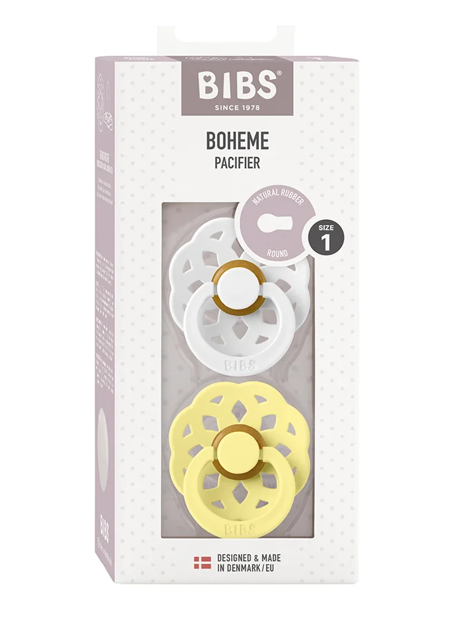 بيبس Baby Pacifier Boheme, Made with Natural Rubber Latex, Round Nipple, Mouth Skin Sensitive, Soft, Flexible, For Babies Aged Upto 6 Months, BPA-free, White/ Sunshine Colour, Pack of 2, Size 1