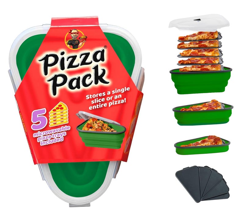PIZZA PACK The Perfect Pizza Packâ„¢ - Reusable Pizza Storage Container with 5 Microwavable Serving Trays - BPA-Free Adjustable Pizza Slice Container to Organize & Save Space, Green - Image 1