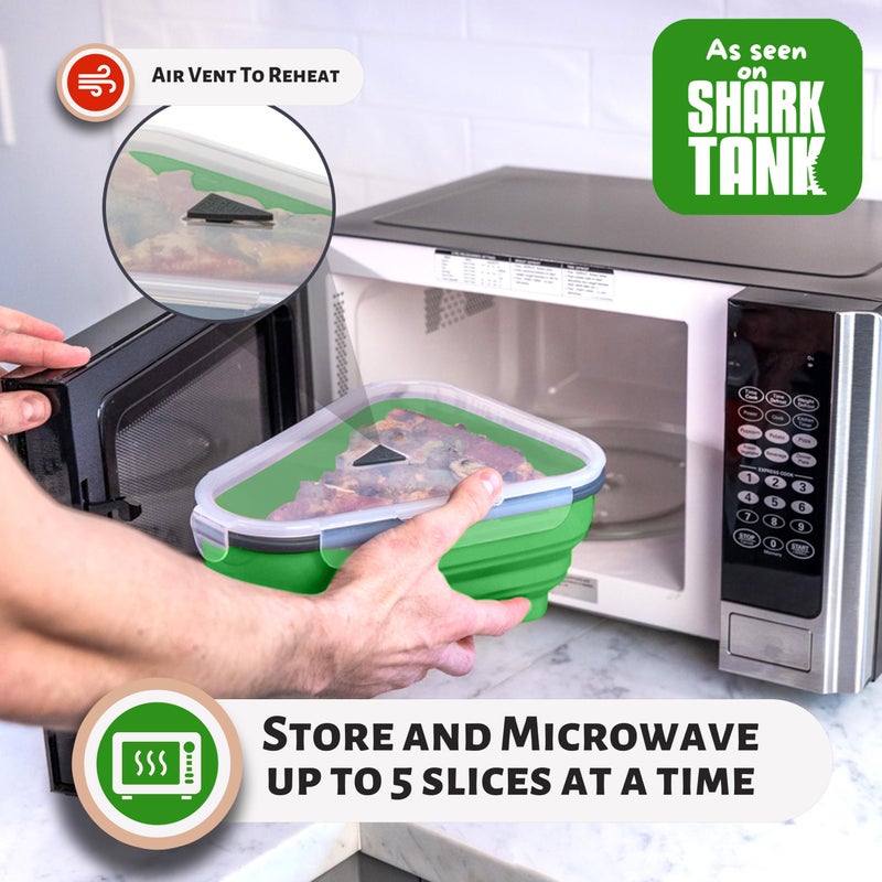 PIZZA PACK The Perfect Pizza Packâ„¢ - Reusable Pizza Storage Container with 5 Microwavable Serving Trays - BPA-Free Adjustable Pizza Slice Container to Organize & Save Space, Green - Image 4