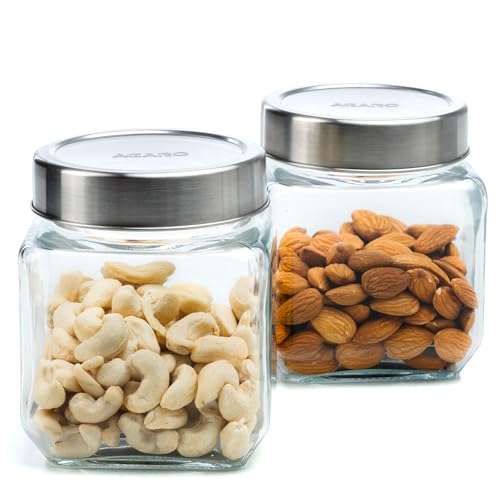 AGARO Elegant Cube Jar 580 ml, Square Shaped, Transparent Lid with Steel Finish, Storage Glass Container, Transparent, Kitchen Organiser, Multipurpose Jar, Pack of 2. - Image 1