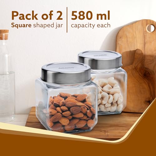 AGARO Elegant Cube Jar 580 ml, Square Shaped, Transparent Lid with Steel Finish, Storage Glass Container, Transparent, Kitchen Organiser, Multipurpose Jar, Pack of 2. - Image 2