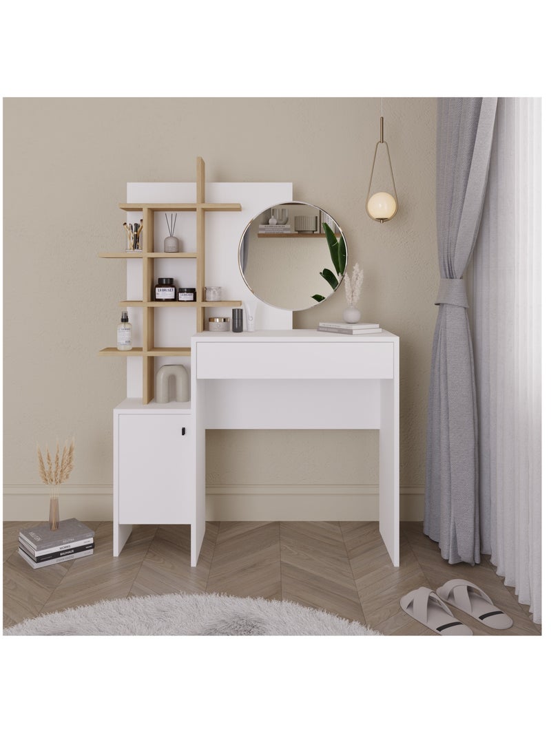 Mourah Home Mup Makeup Vanity Desk, Modern Dressing Table with 1 Drawer, 1 Door for storage 5- Tier, Dressing Table with Mirror, Storage Cabinets Bedroom Furniture - 35 x 151 x 105 CM - White/Oak - Image 1