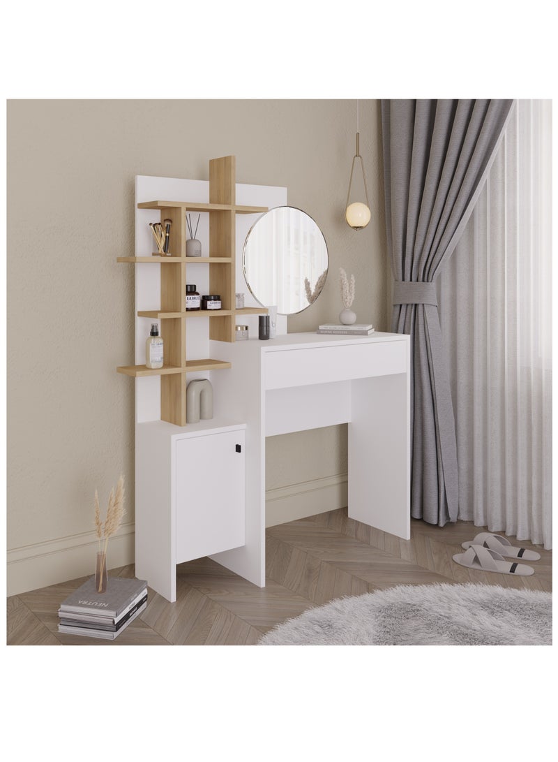 Mourah Home Mup Makeup Vanity Desk, Modern Dressing Table with 1 Drawer, 1 Door for storage 5- Tier, Dressing Table with Mirror, Storage Cabinets Bedroom Furniture - 35 x 151 x 105 CM - White/Oak - Image 2