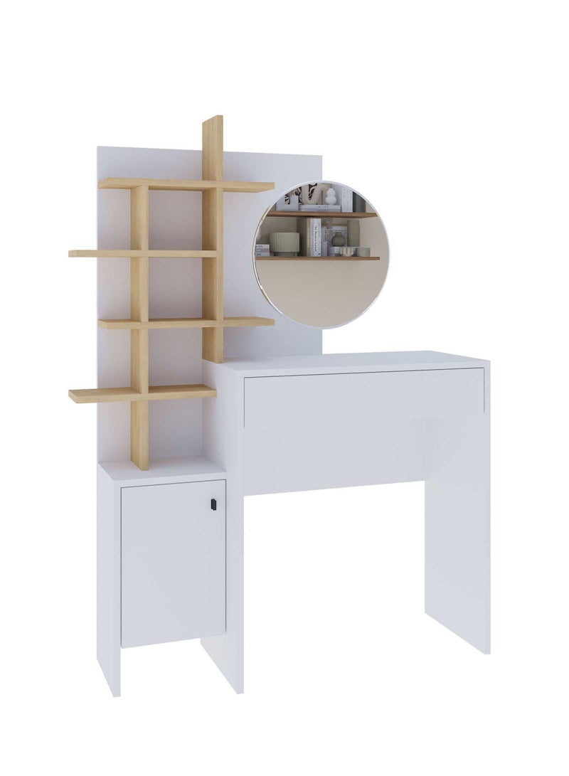Mourah Home Mup Makeup Vanity Desk, Modern Dressing Table with 1 Drawer, 1 Door for storage 5- Tier, Dressing Table with Mirror, Storage Cabinets Bedroom Furniture - 35 x 151 x 105 CM - White/Oak - Image 5