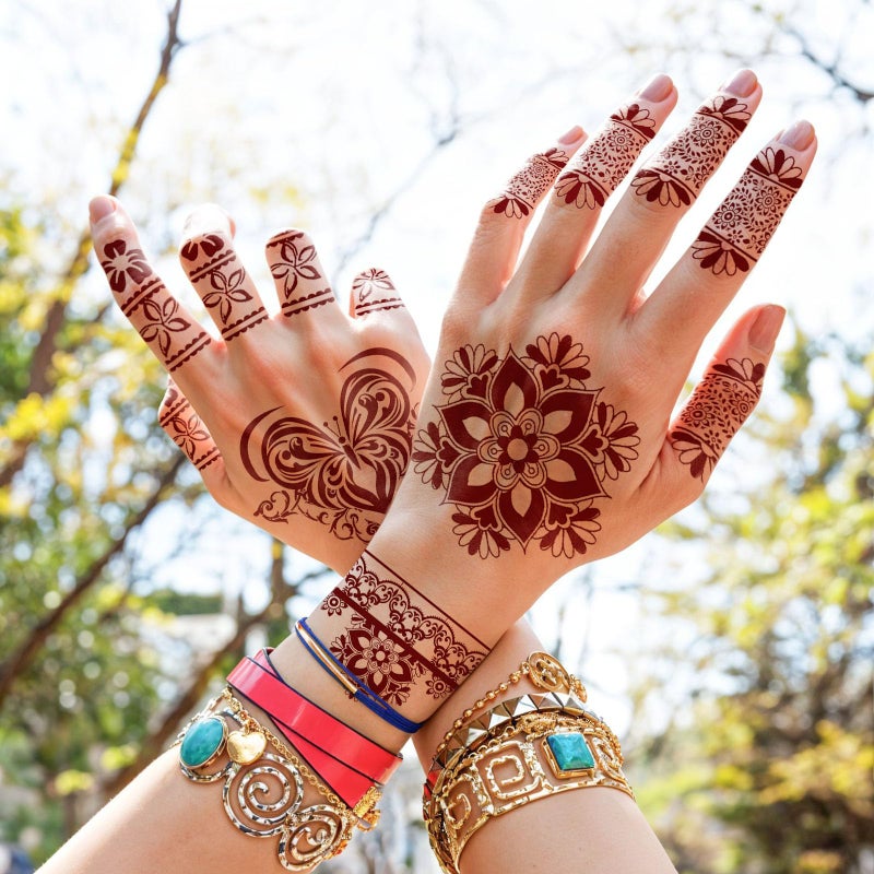 Airnogo Henna Tattoo 12 Sheets Red Brown Henna Mehndi Temporary Tattoos for Women and Teen Girl, Waterproof Realistic Fake Tattoos for Wedding Beach Rave Festival Party Makeup Body Paint Parties Friends etc - Image 2