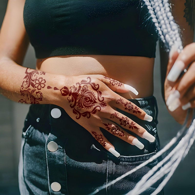 Airnogo Henna Tattoo 12 Sheets Red Brown Henna Mehndi Temporary Tattoos for Women and Teen Girl, Waterproof Realistic Fake Tattoos for Wedding Beach Rave Festival Party Makeup Body Paint Parties Friends etc - Image 4