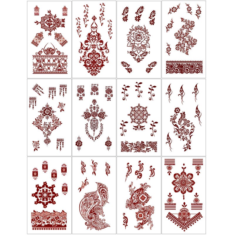 Airnogo Henna Tattoo 12 Sheets Red Brown Henna Mehndi Temporary Tattoos for Women and Teen Girl, Waterproof Realistic Fake Tattoos for Wedding Beach Rave Festival Party Makeup Body Paint Parties Friends etc - Image 1