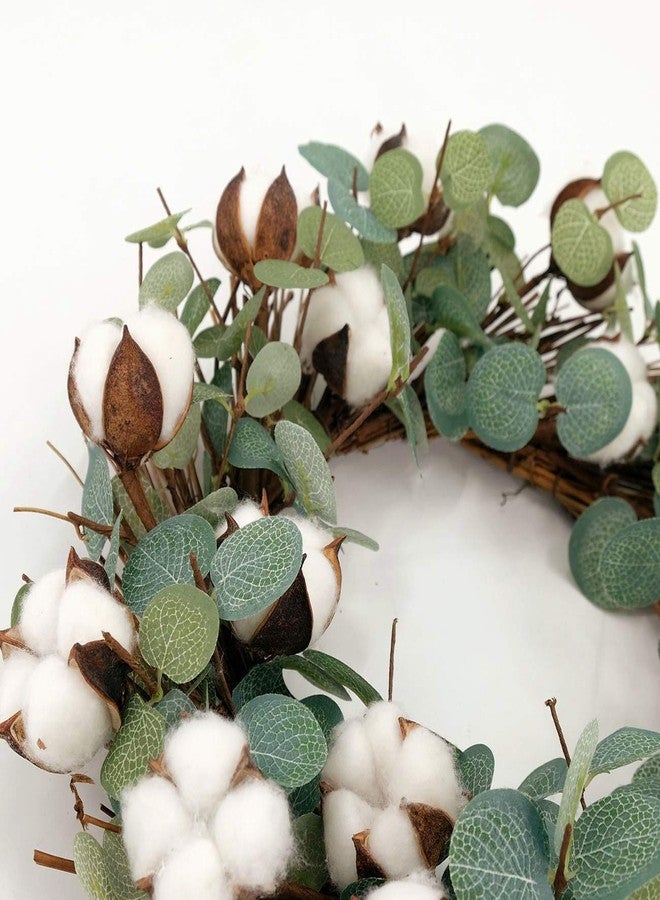 Idyllic Eucalyptus and Cotton Wreath, 14 Inches Artificial Wreath on a Natural Twig Base for Farmhouse, Garden, Wedding, Decor - Image 3