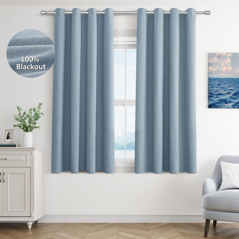 Jowels Blue Linen Blackout Curtains 63 Length 2 Panels Set for Living Room Bedroom  100% Black Out Thermal Insulated Linen Drapes  Room Darkening Grommet Curtains 63 Inches Long - Image 1