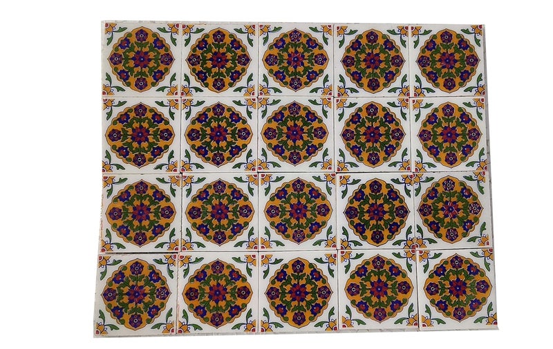 Shiv Kripa Blue Pottery Shiv Kripa Blue Art Pottery Classic Decorative Interior Exterior Flooring Wall Ceramic 2 x 2 inch Tiles Pack of 20 Tiles BlueYellow Multi 