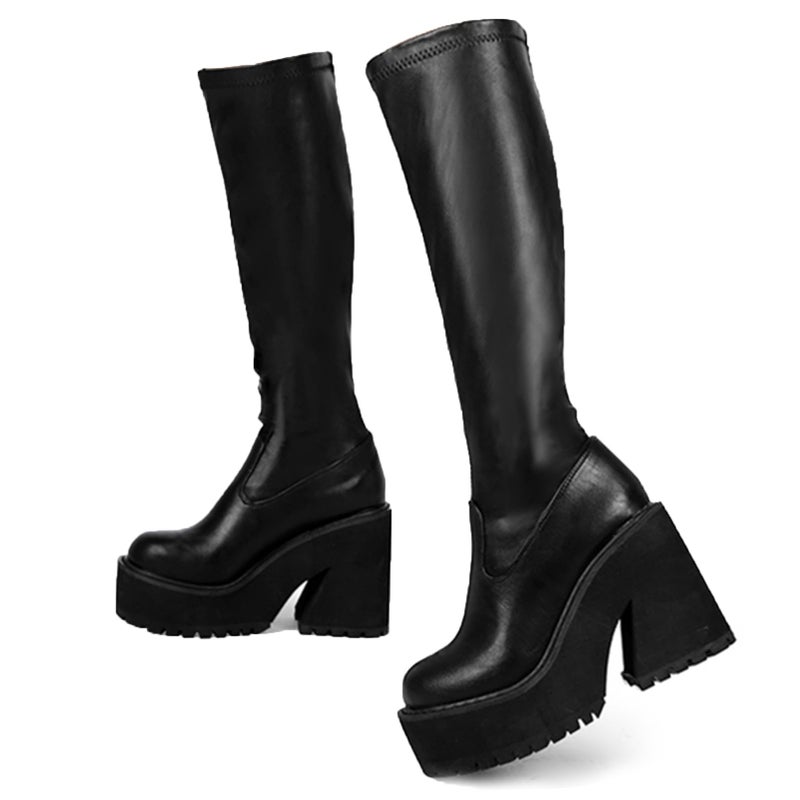 AMINUGAL Women's Elastic Knee High Platform Chunky Block High Heel Sock Boots Zipper Round Toe Fashion Motorcycle Combat Punk Boots - Black, Size 6 - Image 1