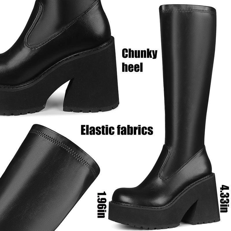 AMINUGAL Women's Elastic Knee High Platform Chunky Block High Heel Sock Boots Zipper Round Toe Fashion Motorcycle Combat Punk Boots - Black, Size 6 - Image 4