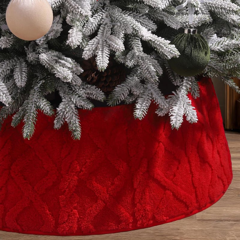Teeanzo 28 Inch Christmas Tree Collar Red Plush Faux Fur with Crossed Diamond Pattern, Soft Boho Xmas Tree Ring Tree Skirt for Christmas Artificial Trees Holiday Party Home Decor - Image 1
