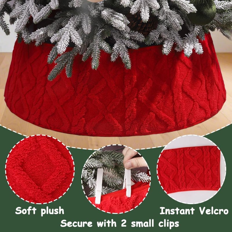 Teeanzo 28 Inch Christmas Tree Collar Red Plush Faux Fur with Crossed Diamond Pattern, Soft Boho Xmas Tree Ring Tree Skirt for Christmas Artificial Trees Holiday Party Home Decor - Image 3