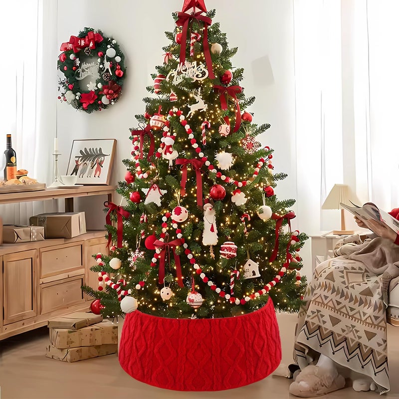 Teeanzo 28 Inch Christmas Tree Collar Red Plush Faux Fur with Crossed Diamond Pattern, Soft Boho Xmas Tree Ring Tree Skirt for Christmas Artificial Trees Holiday Party Home Decor - Image 5