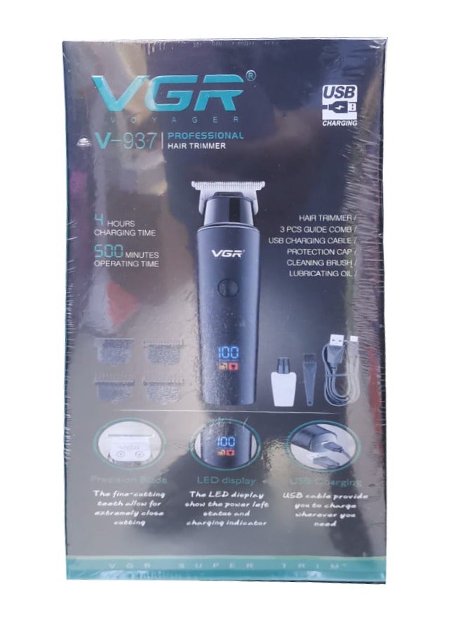 VGR V-937 Professional Cordless Rechargeable Hair Trimmer with USB Charging Cable, LED Display, Stainless steel blades, 3 Guide Combs for men - Image 1