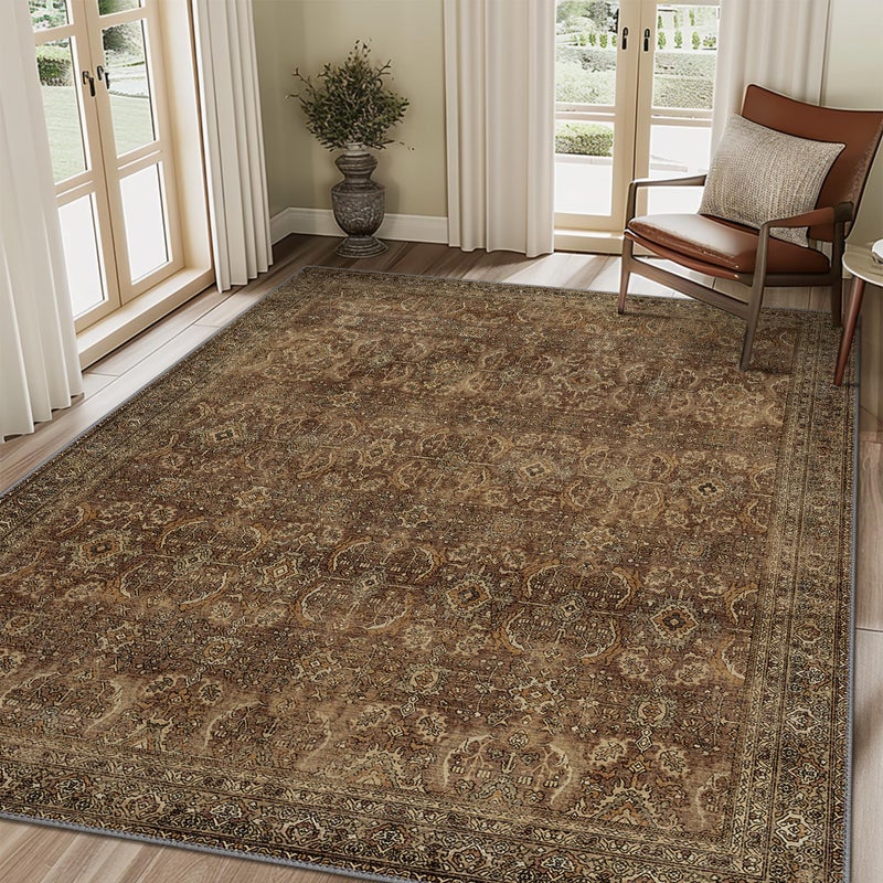BESBLEE 8X10 Area Rugs Machine Washable Rugs for Living Room, Vintage Boho Large Rugs for Bedroom Dining Room, Non Slip Indoor Soft Distressed Lightweight Thin Low Pile Carpet, Rustic Brown - Image 1