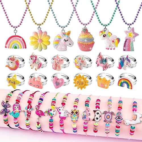 WESAYEE Kids Play Jewelry for Girls 46 Unicorn Necklace and Bracelet Set Ring for Little Girls Jewelry Ages 46 68 Toddler Birthday Gift Princess Dress Up for 5 6 3 8 7 4 Year Old - Image 1
