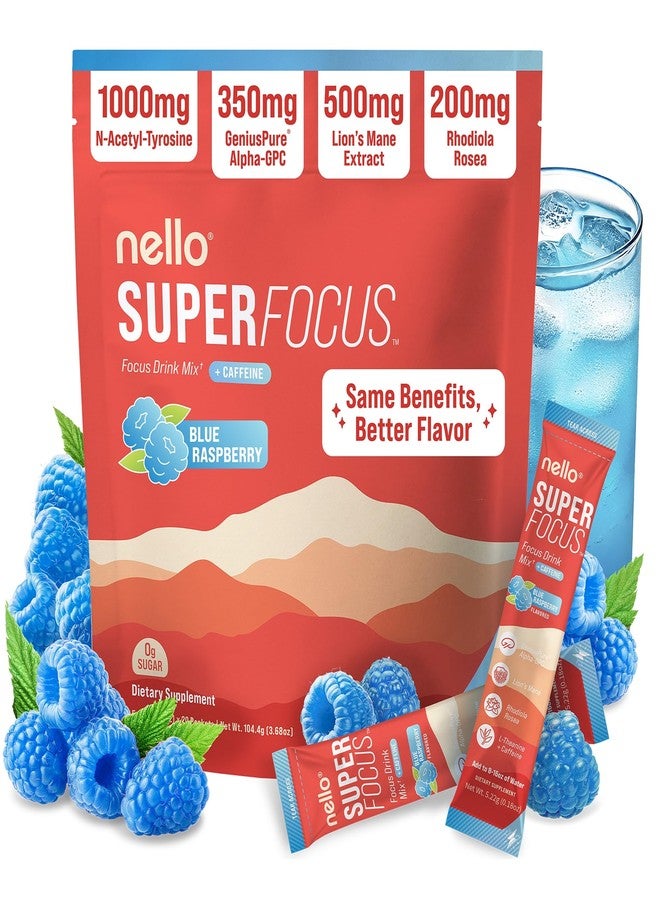 Nello Superfocus – Nootropic Focus Drink Mix for Productivity, Caffeine, L-Theanine, Rhodiola Rosea, Alpha-GPC, Lion’s Mane, Tyrosine, Sugar-Free Packets - Blue Raspberry with Caffeine (Pack of 20) - Image 1