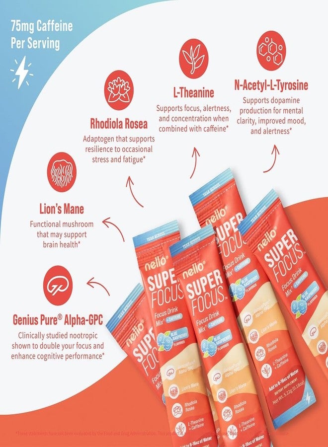 Nello Superfocus – Nootropic Focus Drink Mix for Productivity, Caffeine, L-Theanine, Rhodiola Rosea, Alpha-GPC, Lion’s Mane, Tyrosine, Sugar-Free Packets - Blue Raspberry with Caffeine (Pack of 20) - Image 4