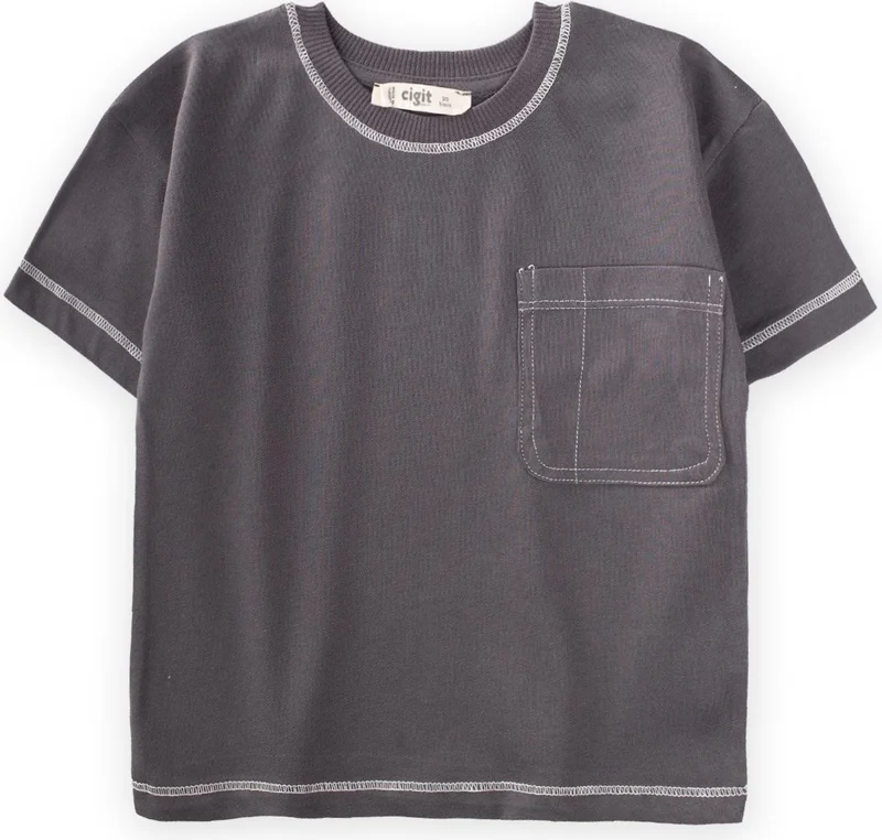 Cigit Karyoka Detailed Pocket T-Shirt Age 2-10 Gray