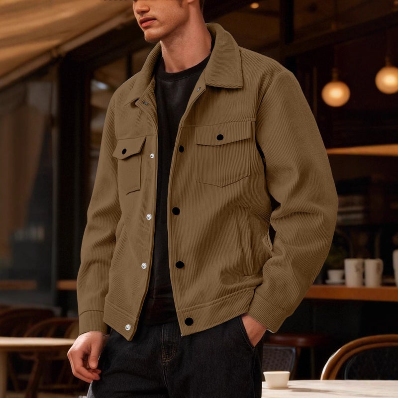 Corduroy Jacket Men Retro Workwear Lapel Casual Outerwear - Image 2