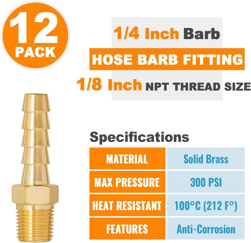 SUNGATOR 12-Pack 1/8" NPT to 1/4" Hose Barb Fittings, Brass Air Hose Fittings, 1/4" Barb to 1/8" NPT Male Thread Adapter, Brass Air Line Repair Connector Kit for Compressor, Gas, Auto Shop - Image 4