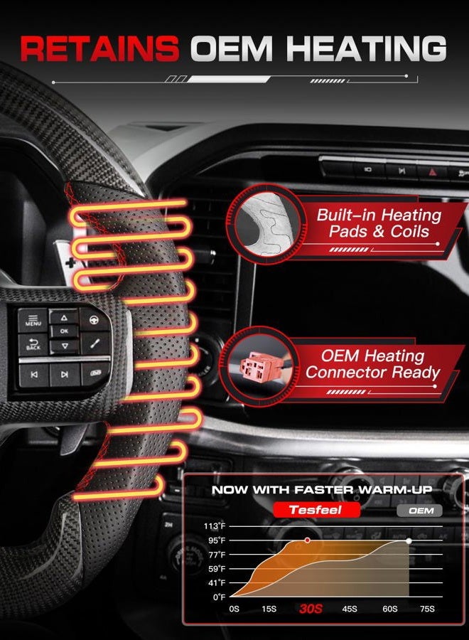 TESFEEL Steering Wheel for F150 Raptor 2021-2024 Real Carbon Fiber with Trim with Heated Red Stripe&Stitching Black Nappa Leather D-shaped Flat-bottom for Raptor with Paddle Shifters - Image 4